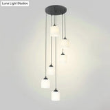 Opal Glass Modern Cylinder Pendant Light With Black Canopy For Stairs