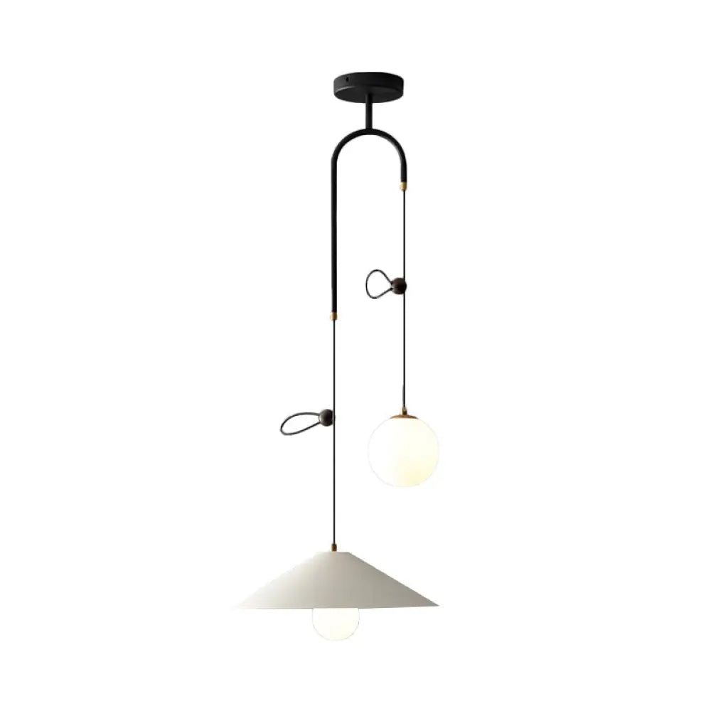 Modernist Orb Opal Glass Pendant Light With 2 Bulbs White/Black 10/14 Wide