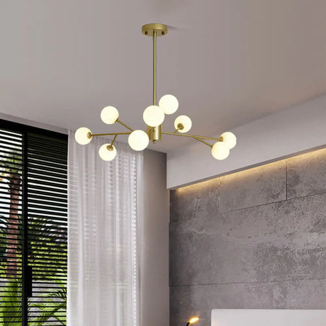 Opal Glass Sphere Gold Chandelier Pendant Light for Modern Living Rooms 9 / Gold
