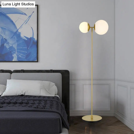 Opal Glass Standing Up Floor Lamp With 2-Head Bedroom Lighting In Gold