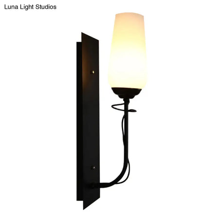 Opal Glass Vintage Style Tapered Wall Lamp - Single Light Black Sconce For Living Room