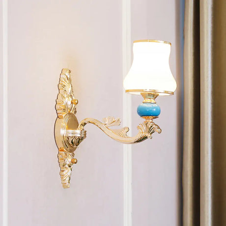 Opal Glass Wall Light Fixture With Curved Arm And Gold Shading For Corridors 1 / C