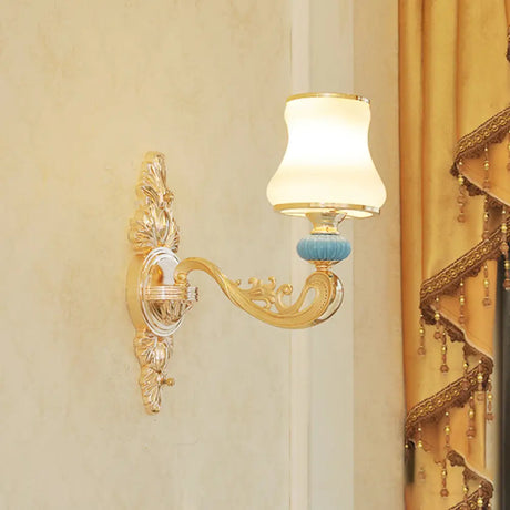 Opal Glass Wall Light Fixture With Curved Arm And Gold Shading For Corridors 1 / D
