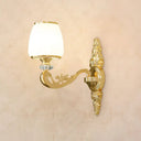 Opal Glass Wall Light Fixture With Curved Arm And Gold Shading For Corridors 1 / E