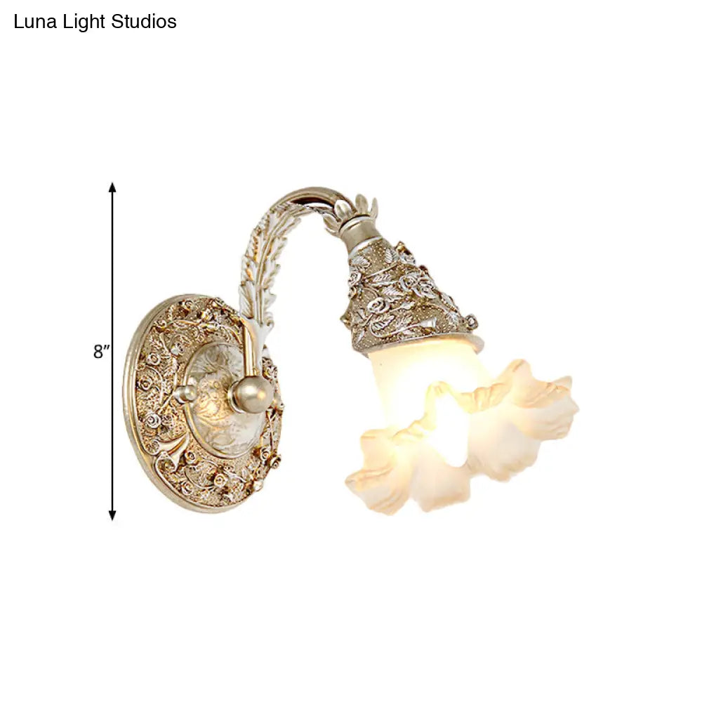 Opal Glass Wall Sconce In Silver/White With Arched Arm For Rustic Charm