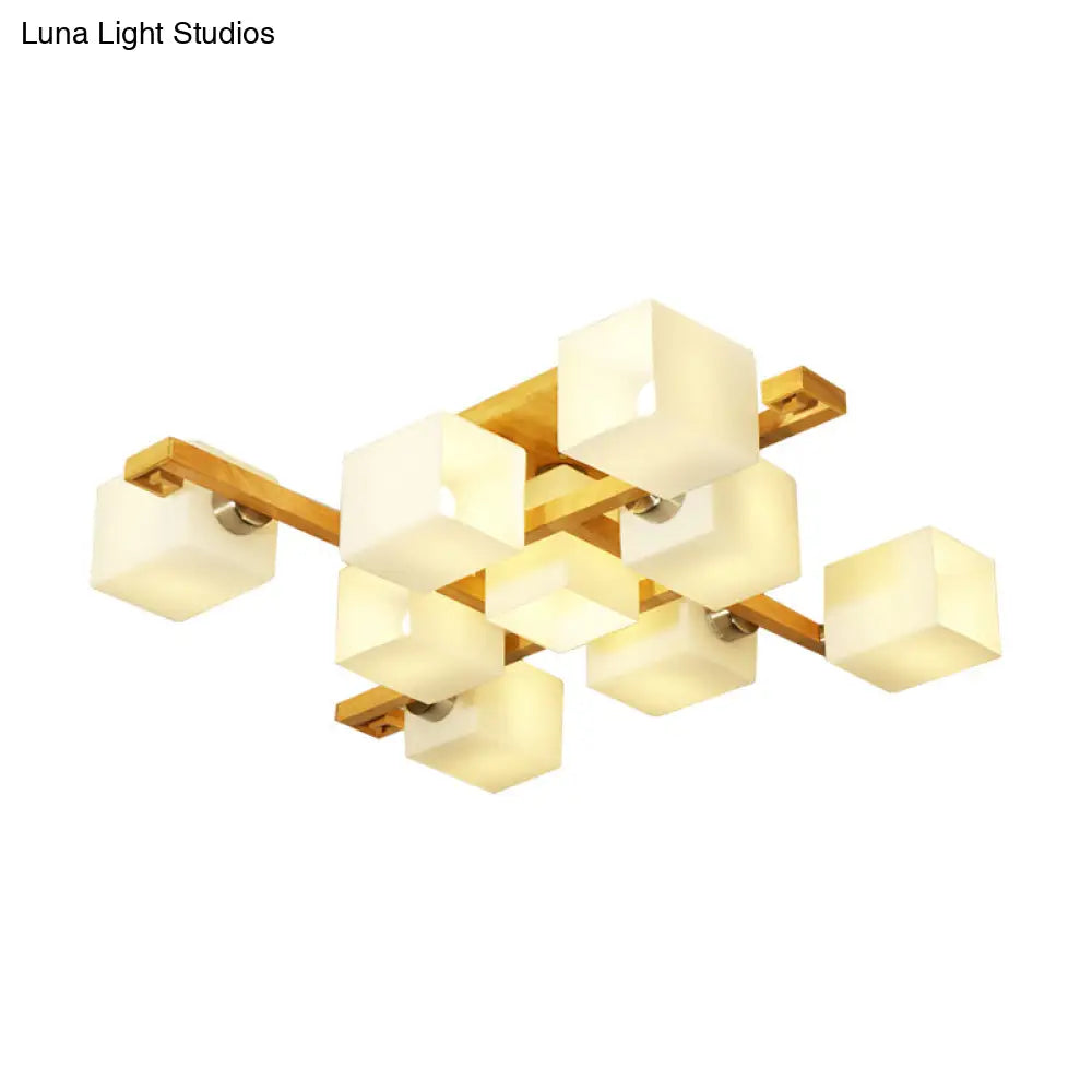 Opal Glass & Wood Cube Shade Ceiling Lamp - Modern Led Flush Light For Living Room Beige