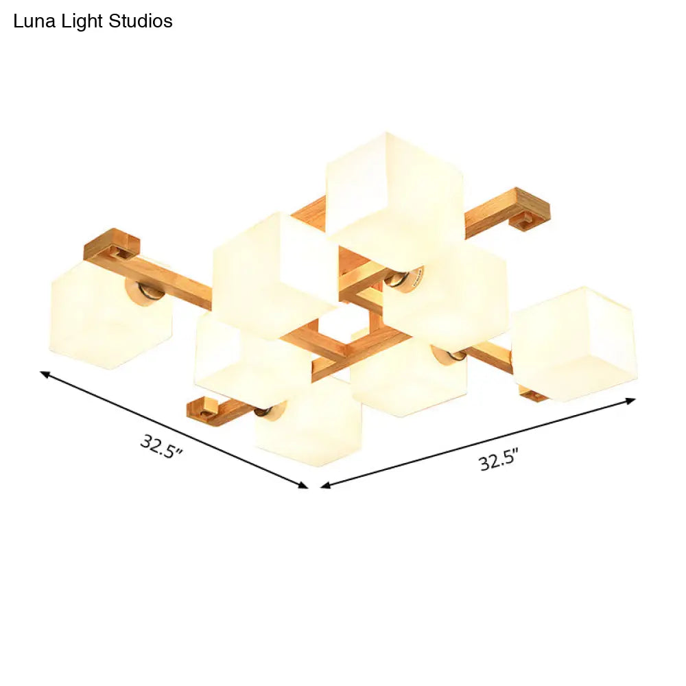 Opal Glass & Wood Cube Shade Ceiling Lamp - Modern Led Flush Light For Living Room Beige