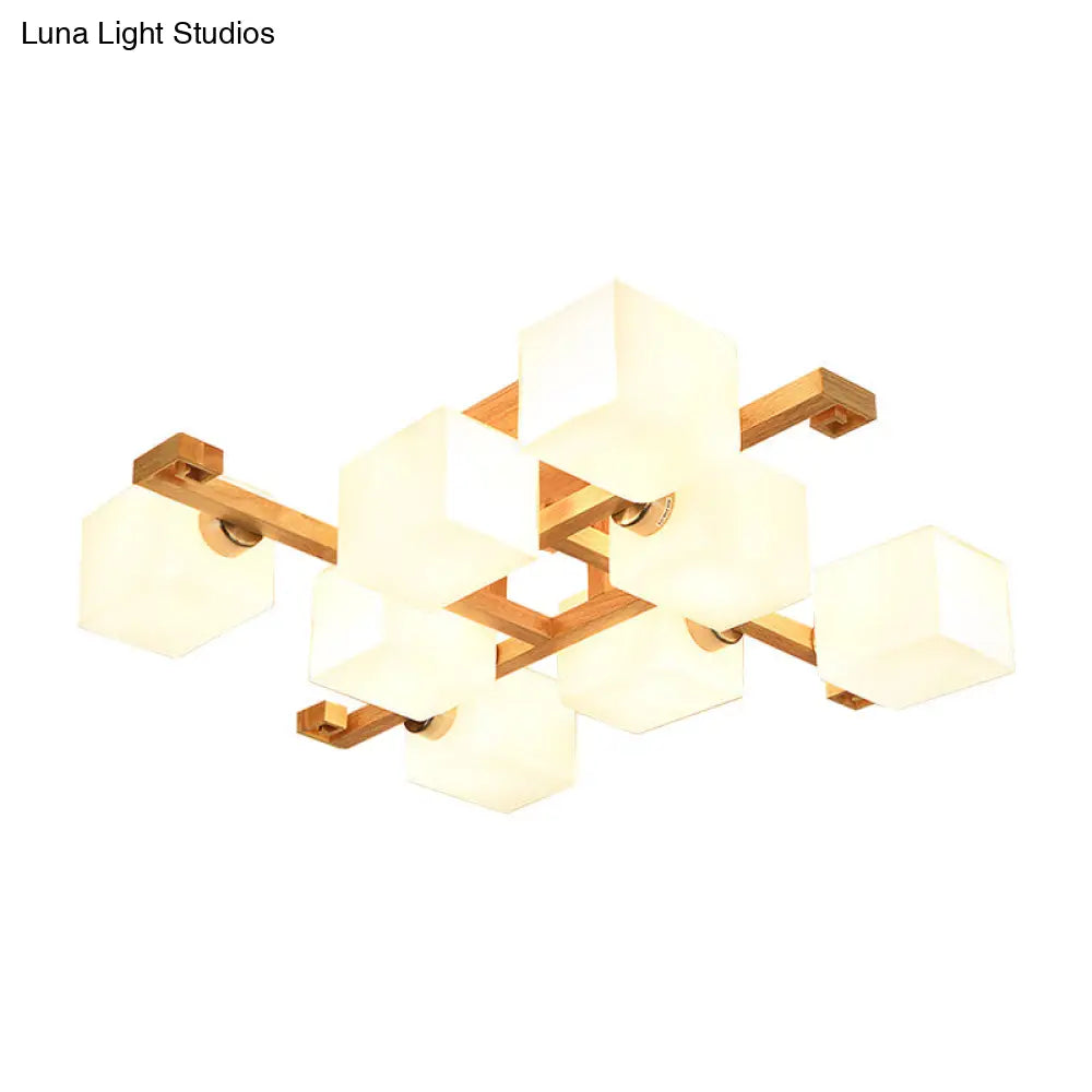 Opal Glass & Wood Cube Shade Ceiling Lamp - Modern Led Flush Light For Living Room Beige
