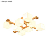 Opal Glass & Wood Cube Shade Ceiling Lamp - Modern Led Flush Light For Living Room Beige