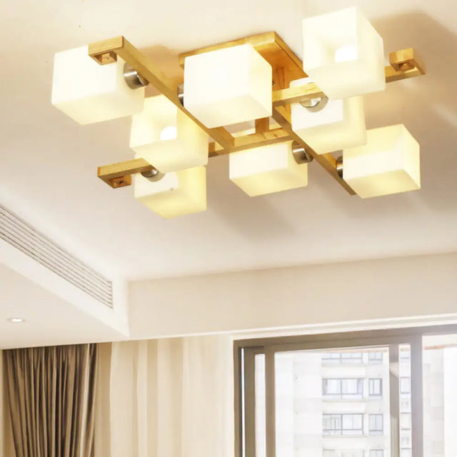 Opal Glass & Wood Cube Shade Ceiling Lamp - Modern Led Flush Light For Living Room Beige 8 /