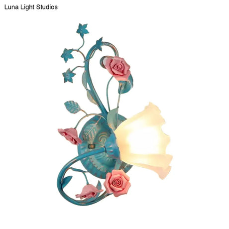 Opal Matte Glass Wall Lamp - Pastel Blue-Pink/Blue-White Scroll Flower Sconce Light (Left/Right)