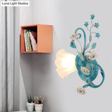 Opal Matte Glass Wall Lamp - Pastel Blue-Pink/Blue-White Scroll Flower Sconce Light (Left/Right)