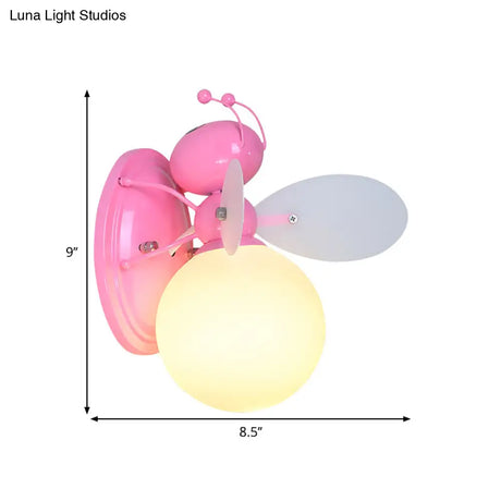 Opaline Glass Ball Wall Sconce With Bee Design - Pink/Yellow Cartoon Lamp 1 Light