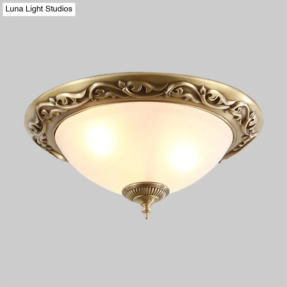 Opaline Glass Brass Flush Ceiling Light - Traditional Bedroom Lighting (12’/16’/19.5’ 2/3 Heads)