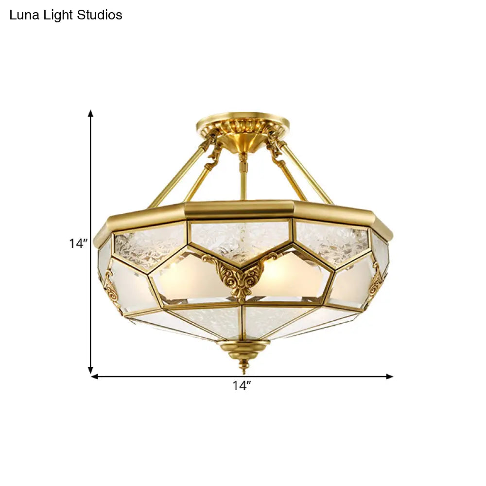 Opaline Glass Brass Semi Flush Mount Ceiling Lamp 3/4 Lights Faceted Dome Country Print 14’/18’