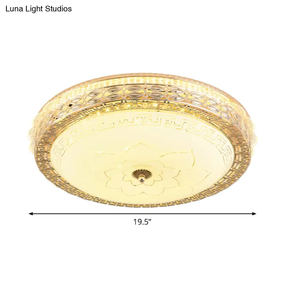 Opaline Glass Drum Flush Mount With Gold Led And Elegant Floral Pattern