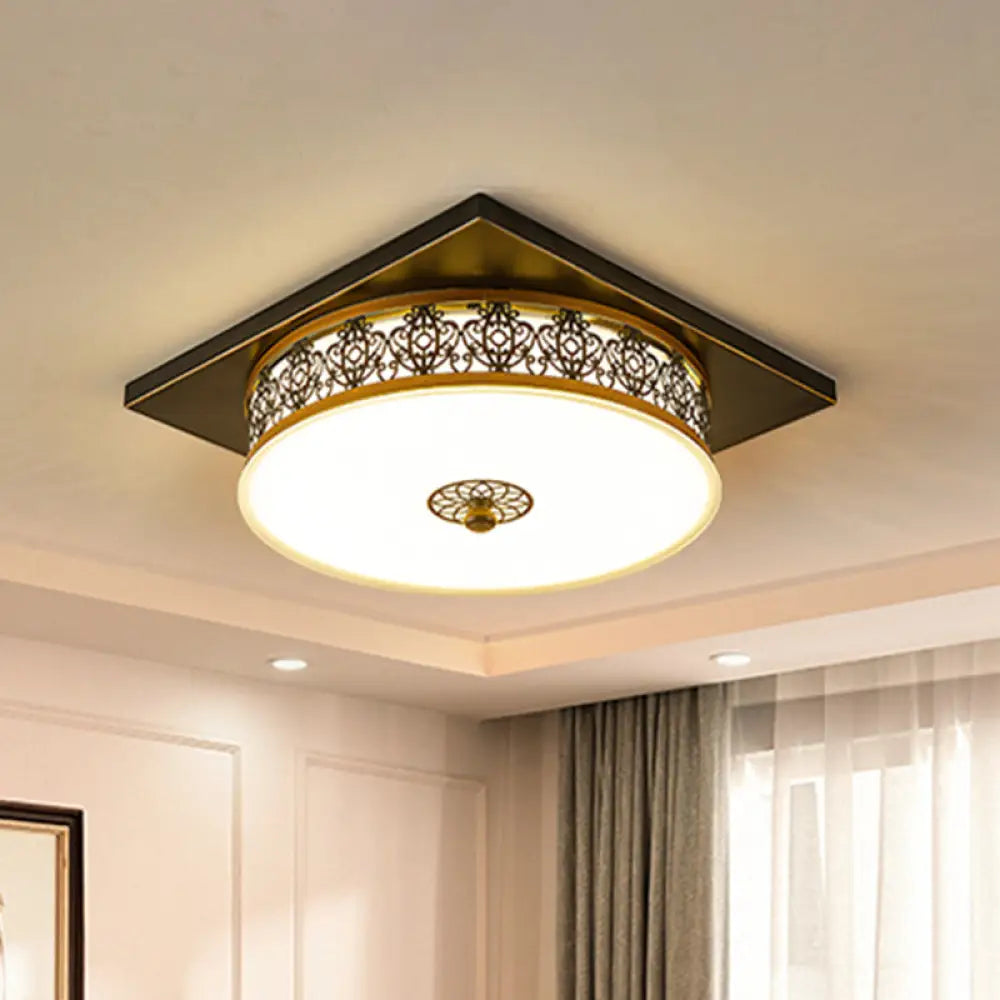Opaline Glass Led Ceiling Light Fixture In Traditional Black Drum Design - 12’/16’/19.5 / 12’