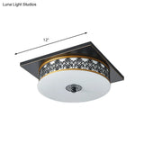Opaline Glass Led Ceiling Light Fixture In Traditional Black Drum Design - 12’/16’/19.5