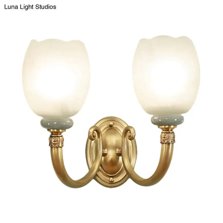 Opaline Glass Petal Wall Lamp: Vintage 1/2-Light Sconce In Brass For Living Room