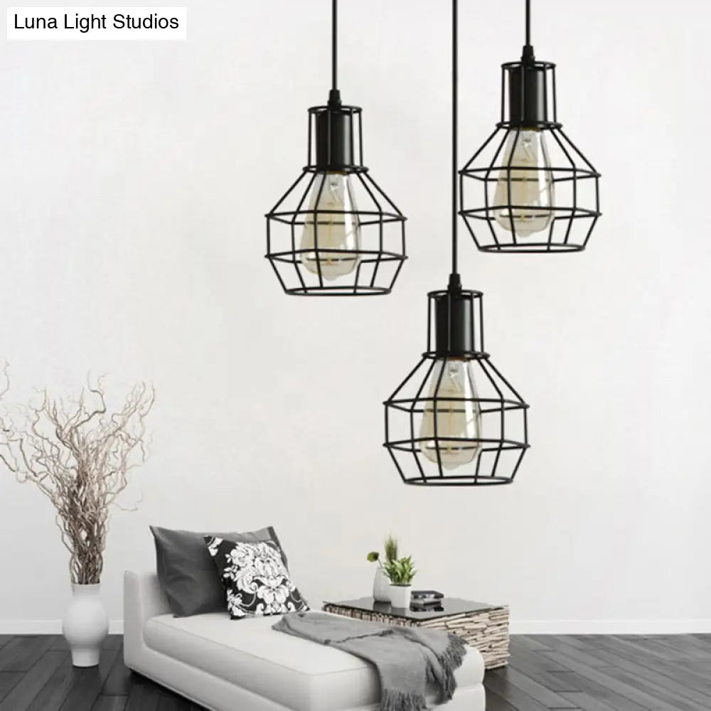 Open Cage Industrial Pendant Ceiling Light - Black Metal Hanging Fixture