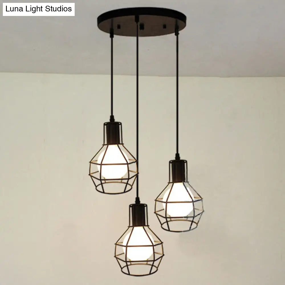 Open Cage Industrial Pendant Ceiling Light - Black Metal Hanging Fixture