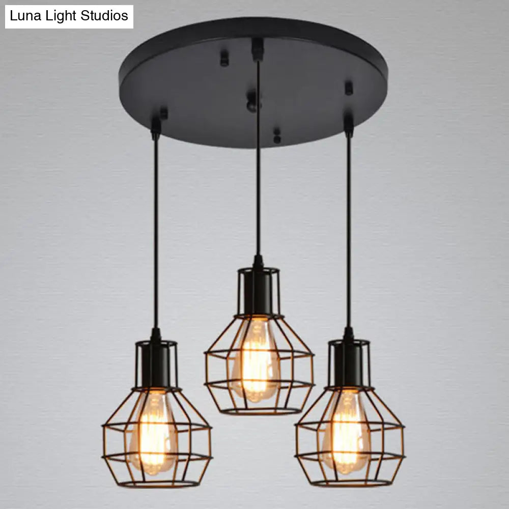 Open Cage Industrial Pendant Ceiling Light - Black Metal Hanging Fixture