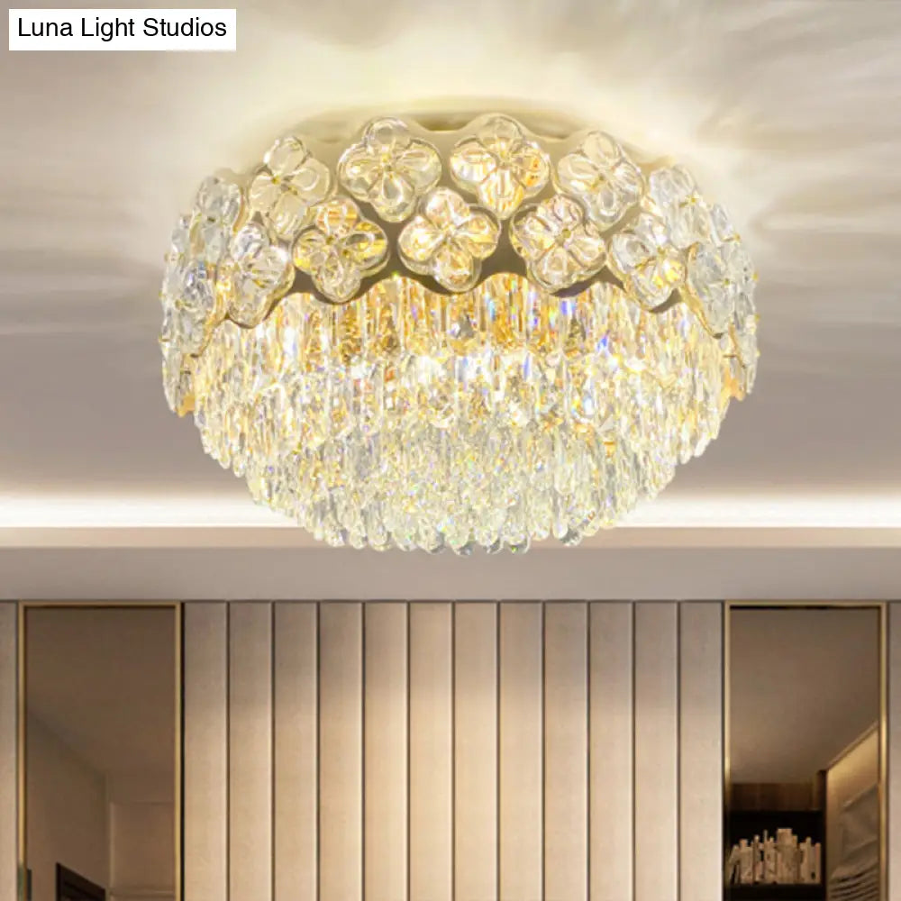 Opulent Crystal Drum Shaped 3 - Light Ceiling Light For Bedrooms - Minimalist Clear Flush Mount