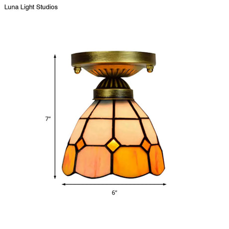 Orange Art Glass Ceiling Lamp - Tiffany Style Grid Bowl Mount For Bathroom 8’/6’ Width