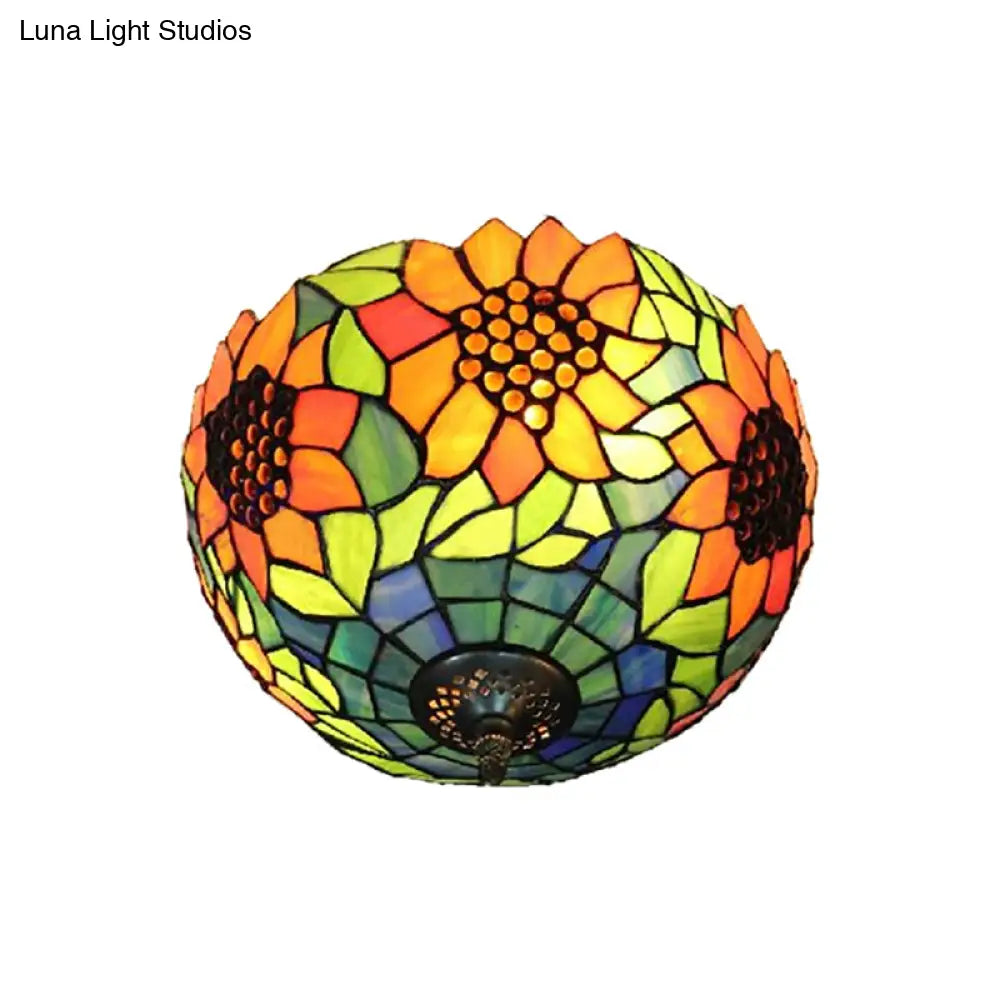 Orange Bowl Stained Glass Ceiling Light Fixture - Splendid Flushmount With Flower Pattern For