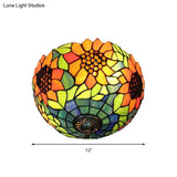 Orange Bowl Stained Glass Ceiling Light Fixture - Splendid Flushmount With Flower Pattern For
