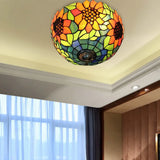 Orange Bowl Stained Glass Ceiling Light Fixture - Splendid Flushmount With Flower Pattern For