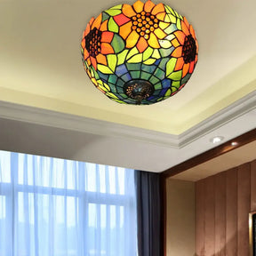 Orange Bowl Stained Glass Ceiling Light Fixture - Splendid Flushmount With Flower Pattern For