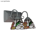 Orange Stained Glass Peony Wall Mount Tiffany Sconce Light With Curved Arm - 2 Heads