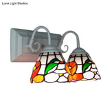 Orange Stained Glass Peony Wall Mount Tiffany Sconce Light With Curved Arm - 2 Heads