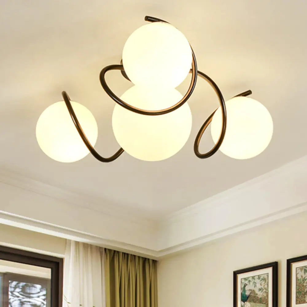 Orb Opal Glass Semi Flush Light - Traditional Black/White 4/7 Lights Living Room Ceiling Lighting