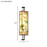 Oriental Fabric Wall Light With Lotus Leaf/Branch Pattern - 2-Head Cuboid Shape In Black