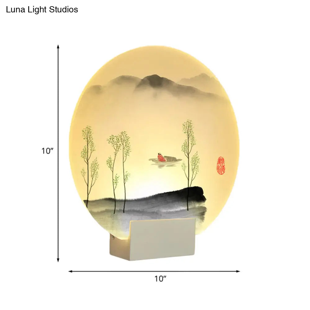Oriental Led Acrylic Wall Lamp | Circular Mountain Boat Mural White Lighting