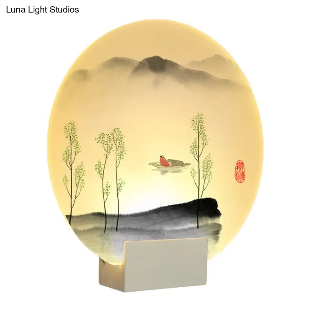 Oriental Led Acrylic Wall Lamp | Circular Mountain Boat Mural White Lighting