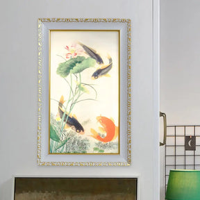 Oriental Led Wall Light With Fish And Lotus Leaf Design - Red Black Acrylic Rectangle Mural