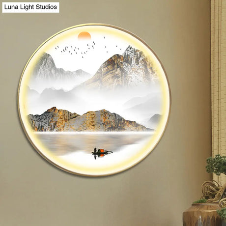Oriental Led Wall Light With Mountain And Sun Pattern - Gold Mount Fixture