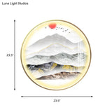 Oriental Led Wall Light With Mountain And Sun Pattern - Gold Mount Fixture