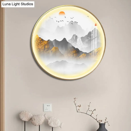 Oriental Led Wall Light With Mountain And Sun Pattern - Gold Mount Fixture