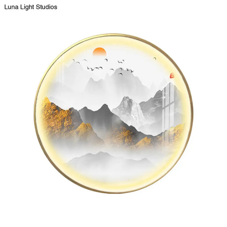 Oriental Led Wall Light With Mountain And Sun Pattern - Gold Mount Fixture