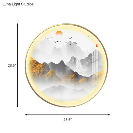 Oriental Led Wall Light With Mountain And Sun Pattern - Gold Mount Fixture