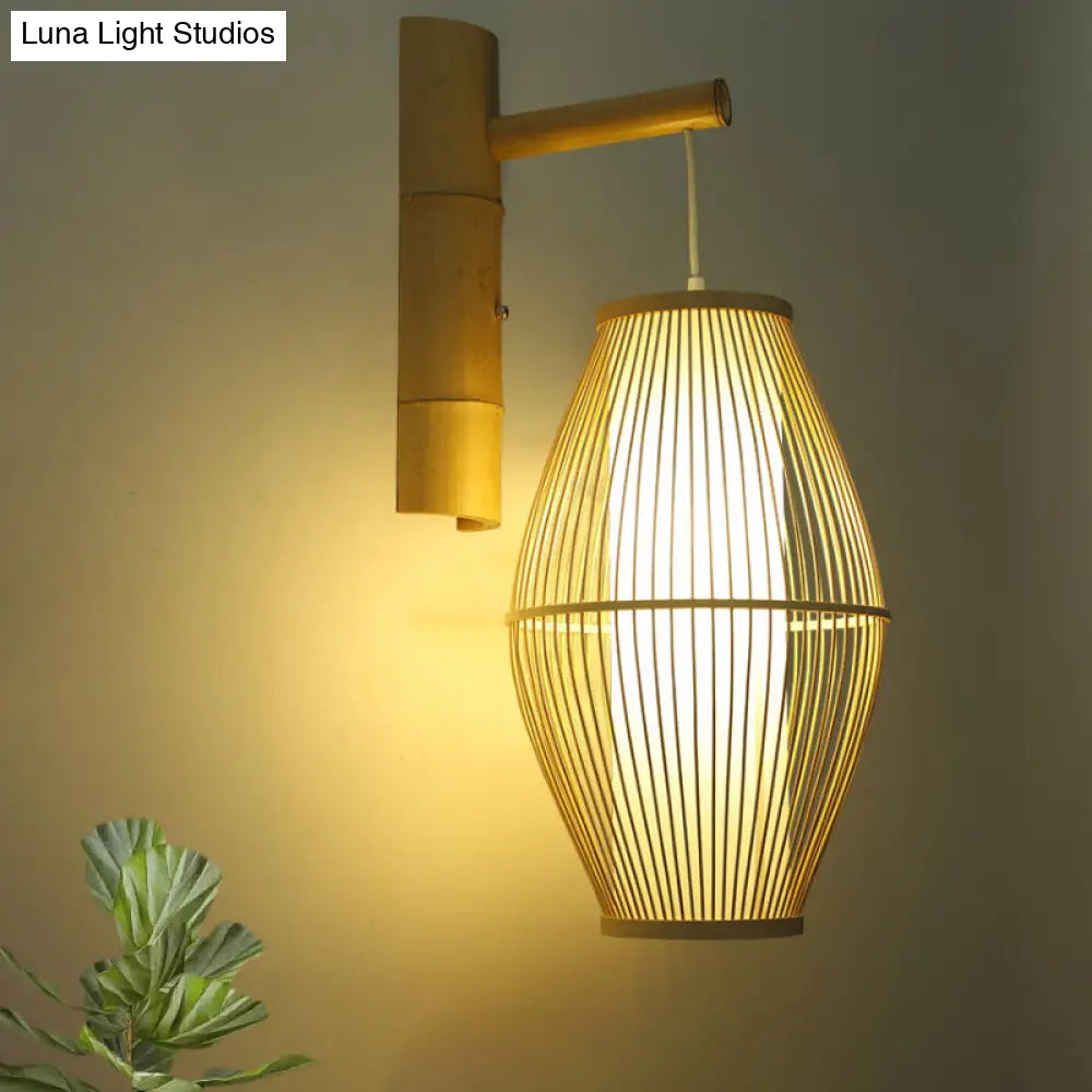 Oriental Oval Wall Light Sconce With Bamboo Lantern Design - 1-Light Beige Lamp
