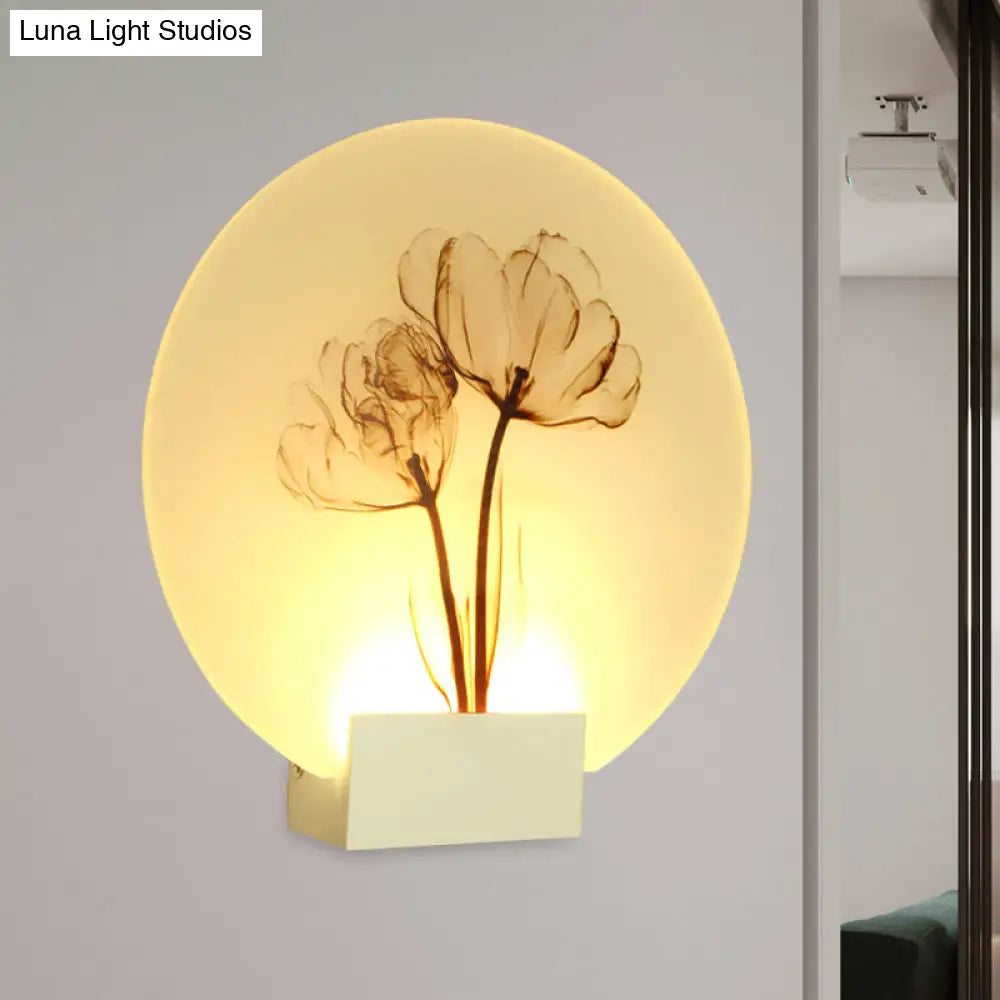 Oriental Style Circular Led Blossoms Wall Lamp - White Acrylic Corridor Lighting