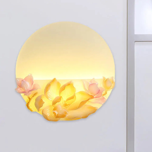 Oriental Style Led Magnolia Wall Light - Pink And White Circular Acrylic Mural Pink-White