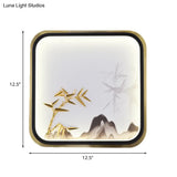 Oriental Style Led Wall Lamp In Gold With Bamboo And Mountain Pattern For Bedroom