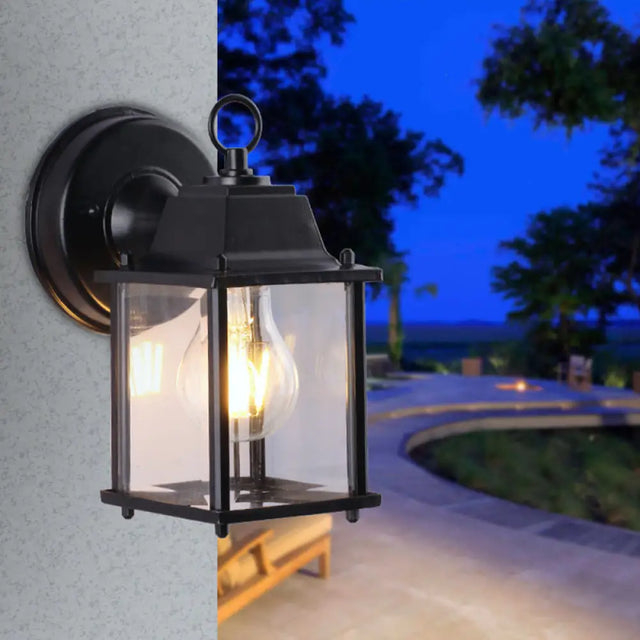 Outdoor Black Wall Mounted Sconce Lamp - Industrial Square Shade Clear Glass 1 Bulb
