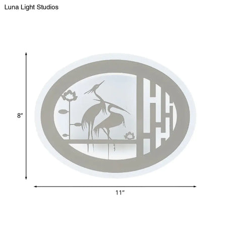 Oval Chinese Style Crane Led Wall Mural Lamp - White